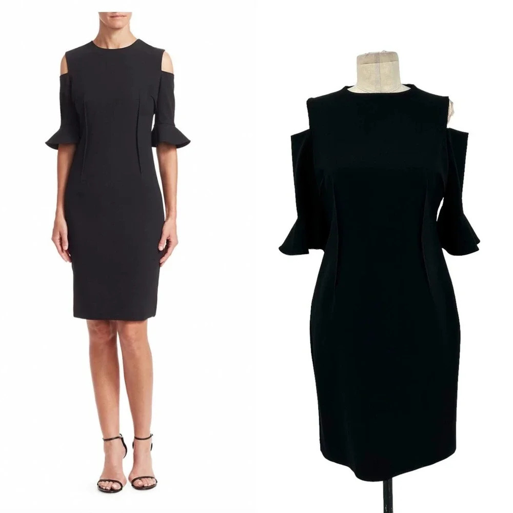 Rickie Freeman for Teri Jon Cold-Shoulder Bell-Sleeve Dress Black Size 8